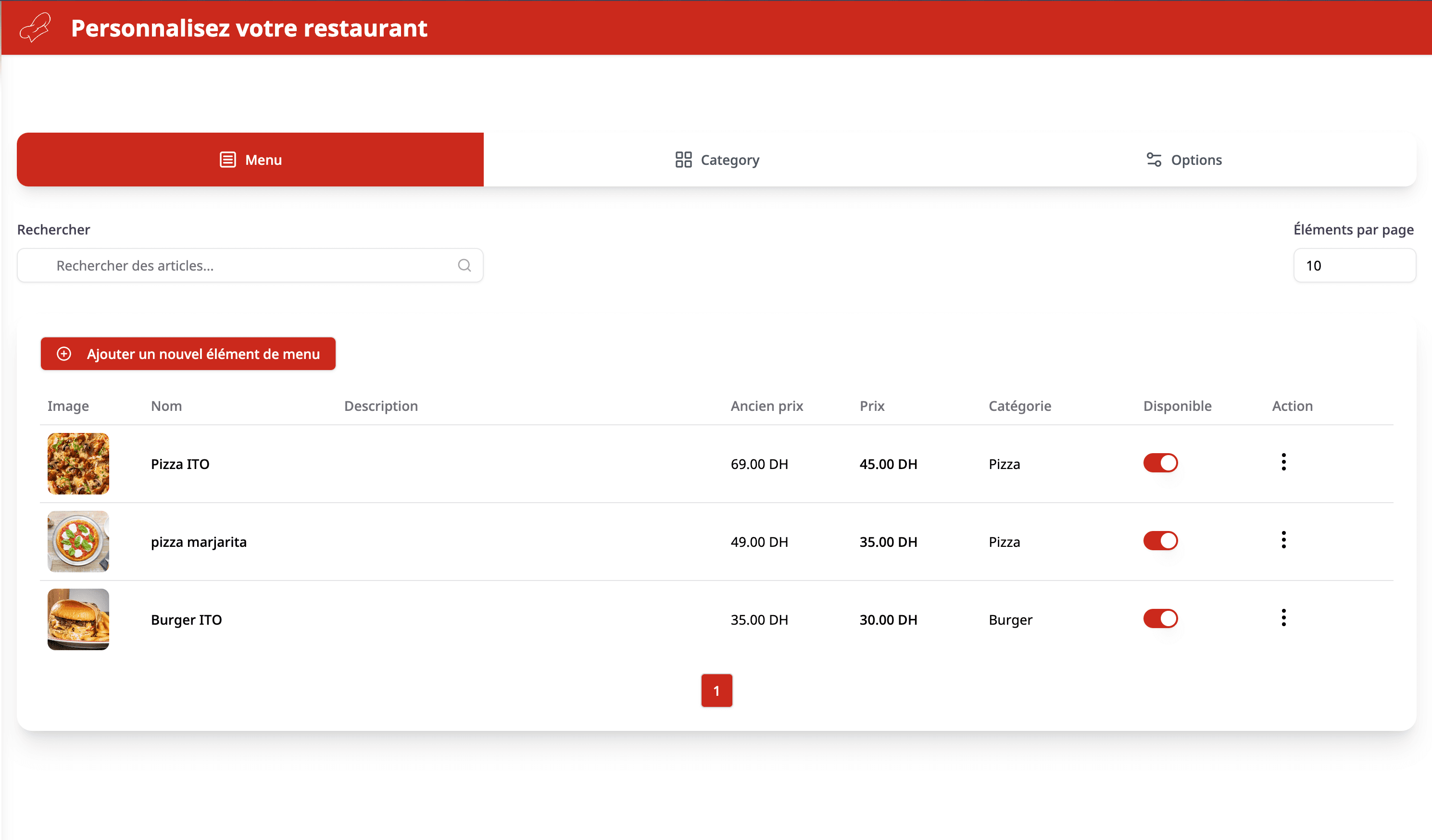 Gestion des menus